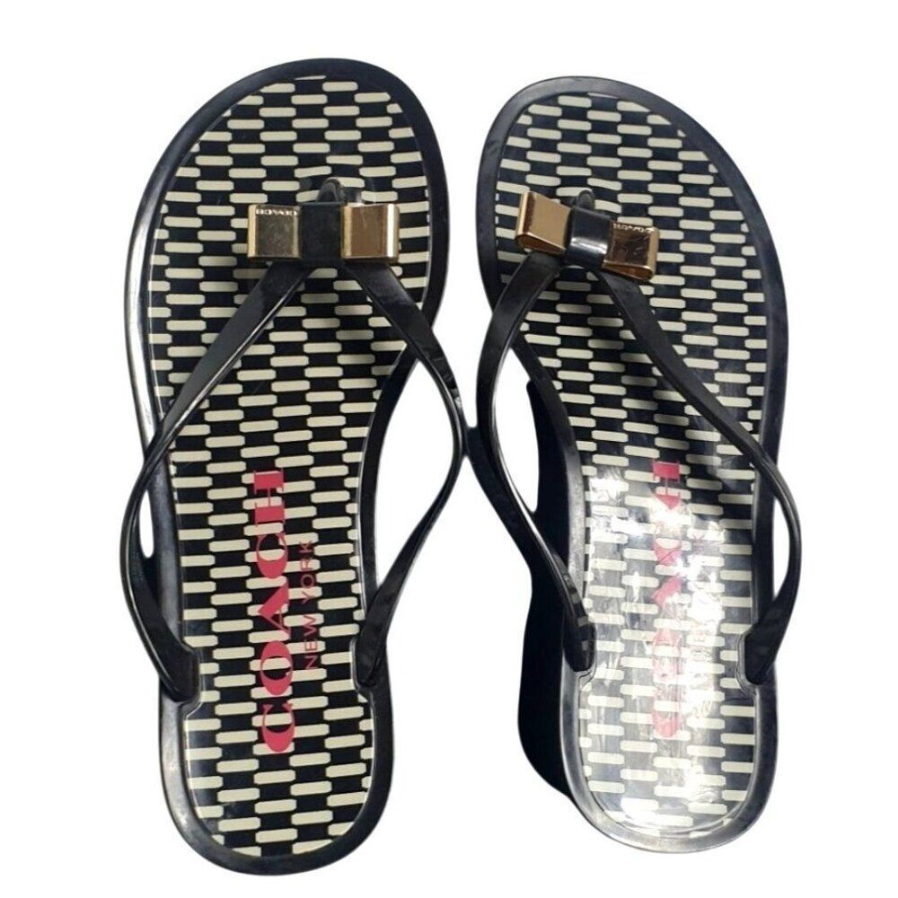 Coach Landon Womens Jelly Sandals 6B/36  Black Gold Bow Stylish Flip Flops Flats